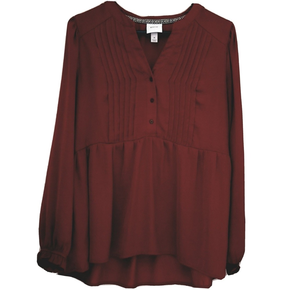 KNOX ROSE Blouse Womens M Burgundy 3/4 Button Front Relaxed L/Sleeve Boho Chic